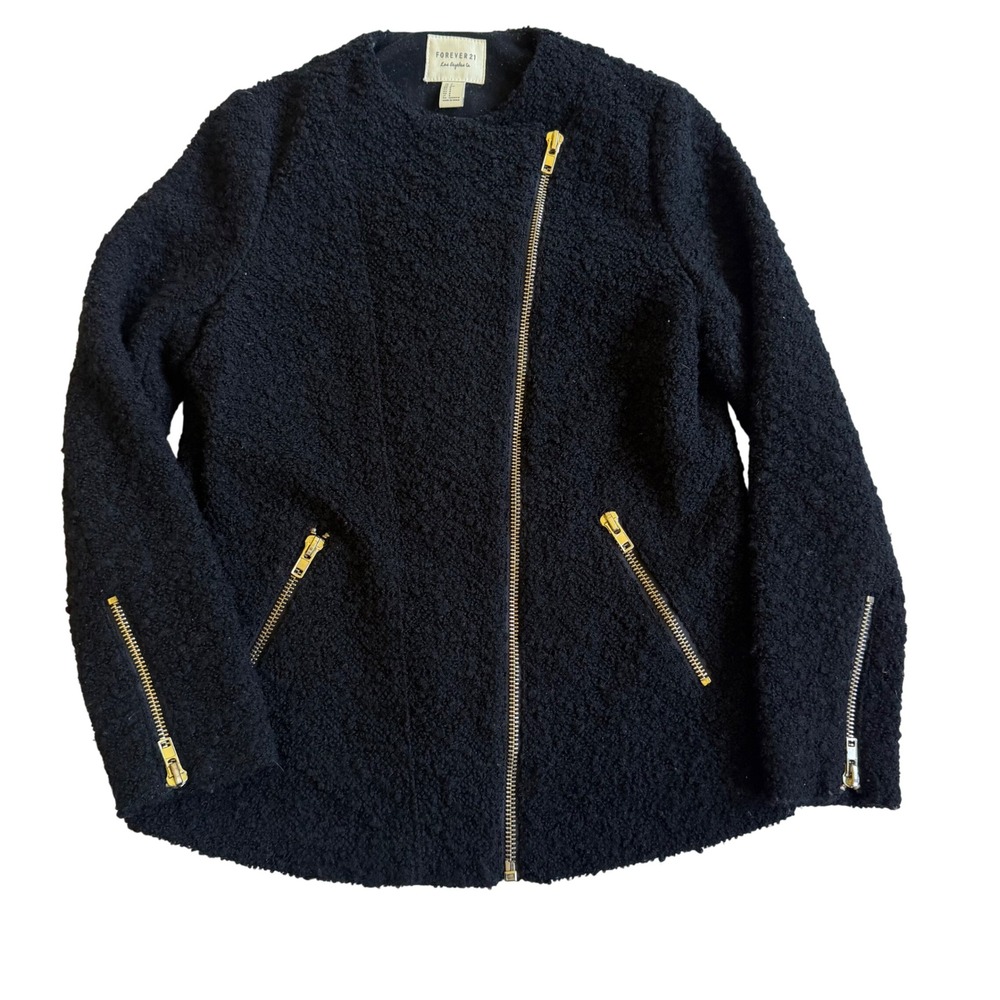 Forever 21 Black Sherpa Moto Jacket Wool Blend Asymmetrical Zip Gold Hardware S